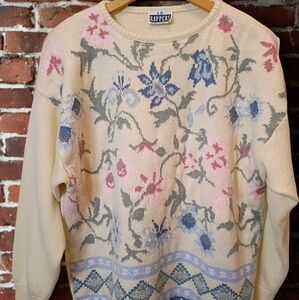 Vintage JR Rappers White Sweater With Pink And Blue Flowers Women's Size Large